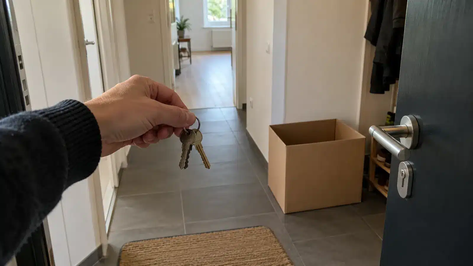 Main tenant les clés d'un logement à l'entrée d'un appartement, un carton vide au sol