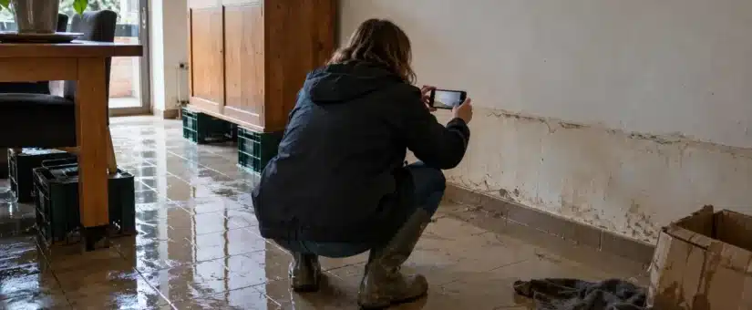 Personne photographiant avec son smartphone la trace laissée par l'eau sur le mur d'une maison inondée