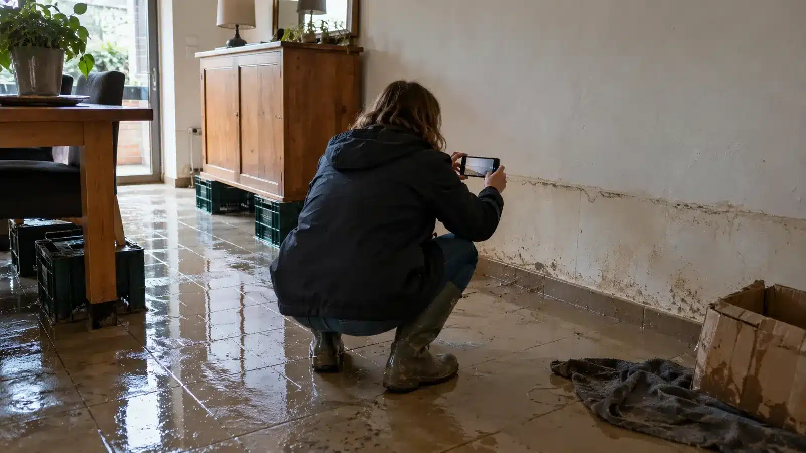 Personne photographiant avec son smartphone la trace laissée par l'eau sur le mur d'une maison inondée